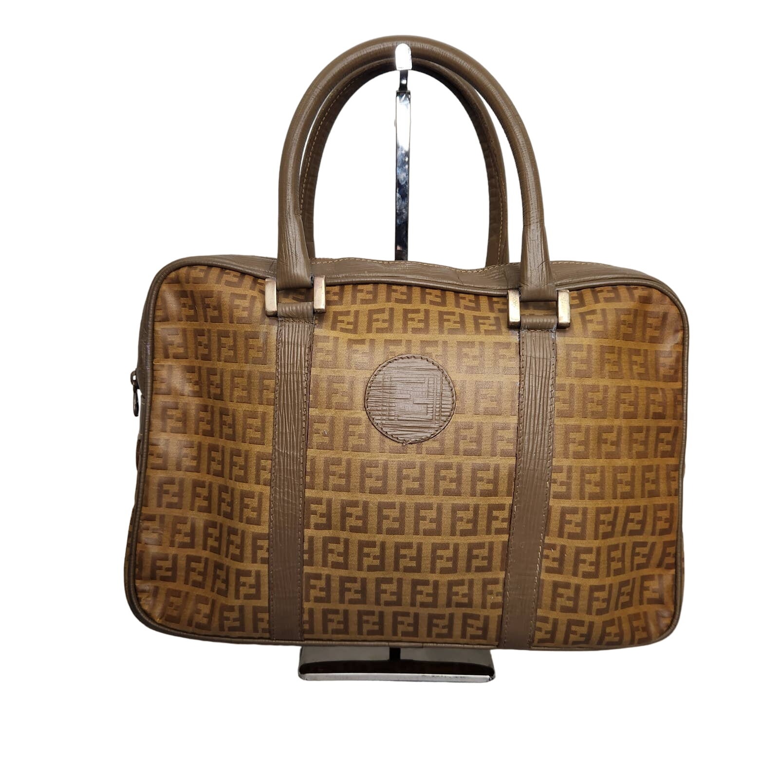 Fendi Vintage Bag Zucchino Pattern Ff Logo Pvc Leather Brown Tan Handles